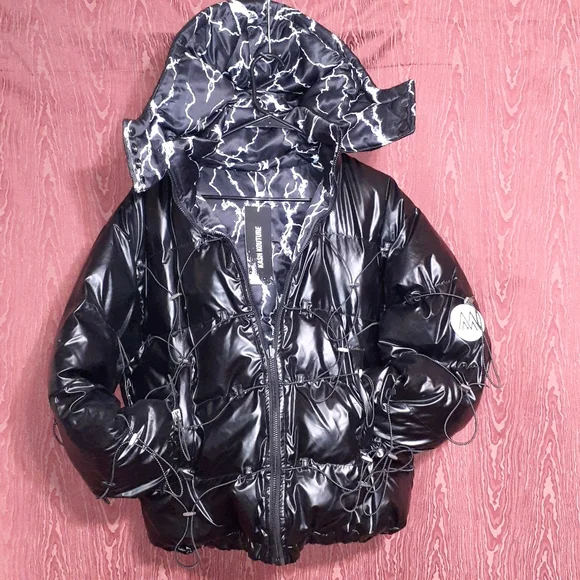 KASH KOUTURE PUFFER COAT BLACK REVERSIBLE AND DETACHABLE HOOD 4 POCKETS SIZE S